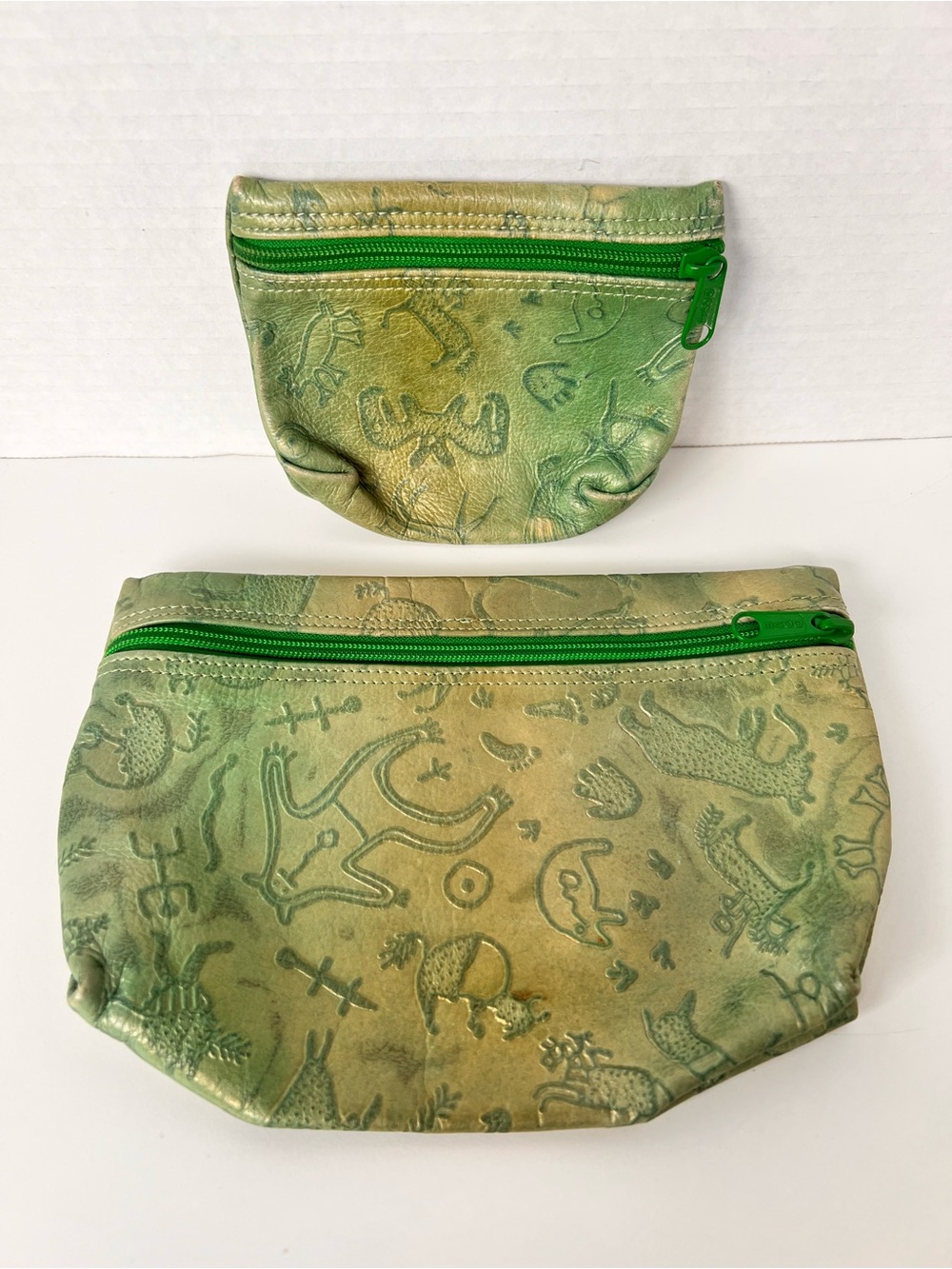 Vintage Carlos Falchi 2-Pc Leather Pouch Set - Sage Green Embossed Petroglyph
